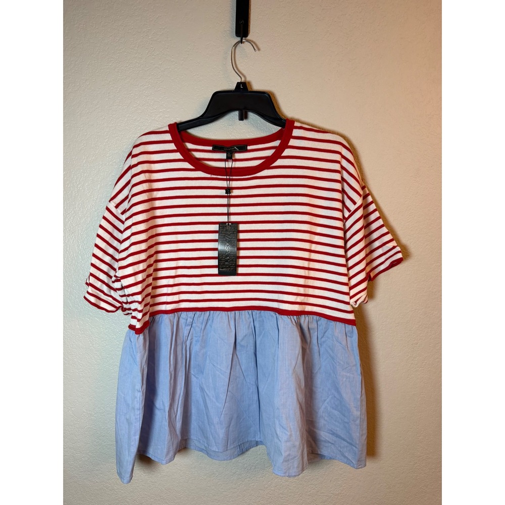 Max Sport Red Ivory Striped Blue Peplum Mixed Media Top L MX34810 NEW